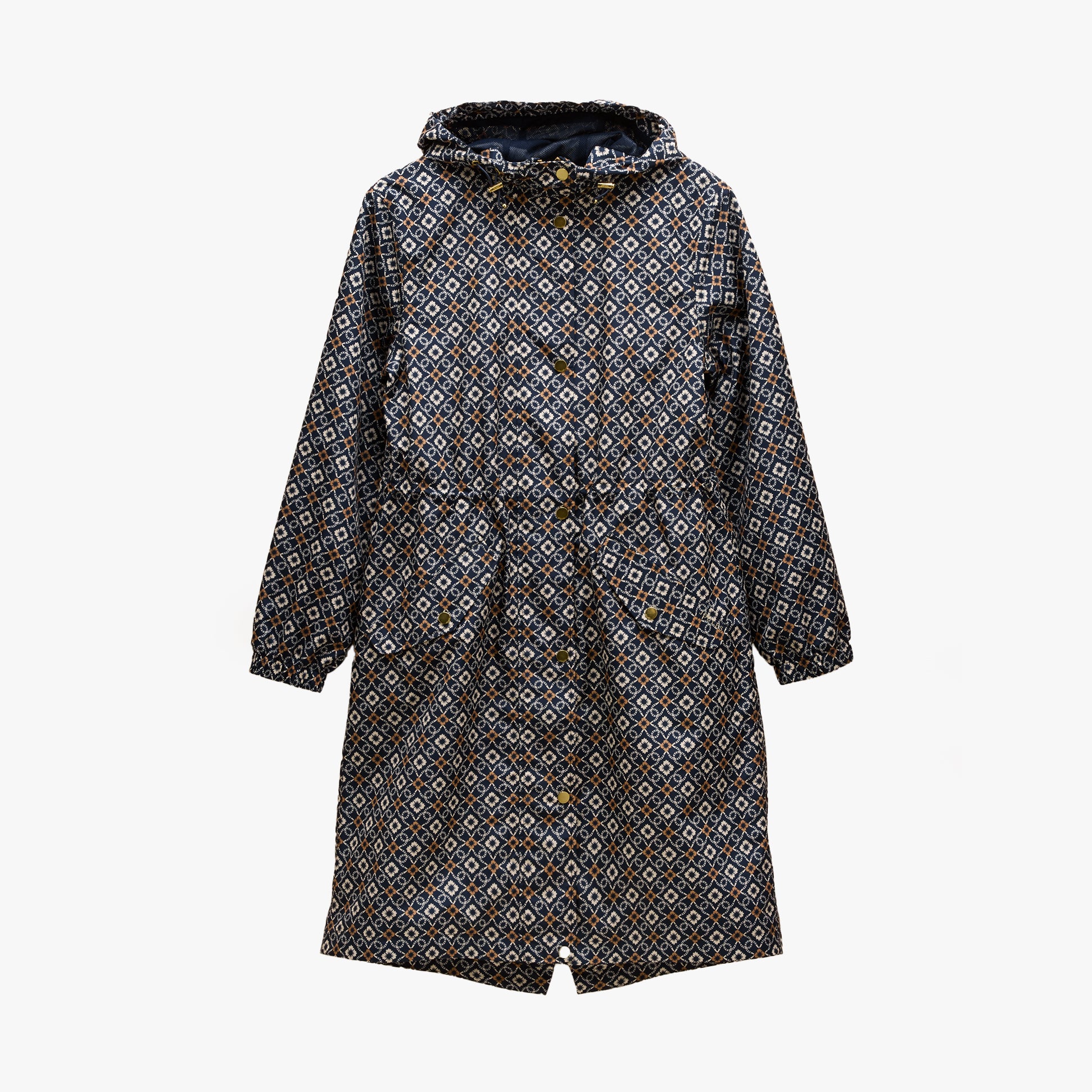 Joules Holkham Womens Waterproof Packable Raincoat With Hood Navy front view with hood styled, showcasing intricate pattern design.