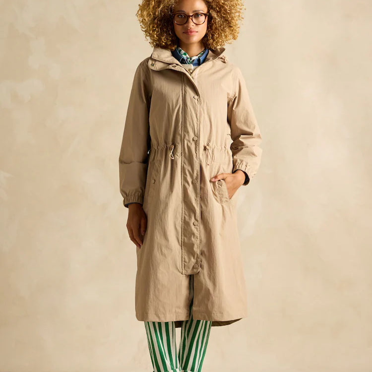 Joules Hensley Womens Waterproof Longline Coat with Packable Hood Tan Brown front view, showcasing a stylish and practical design.