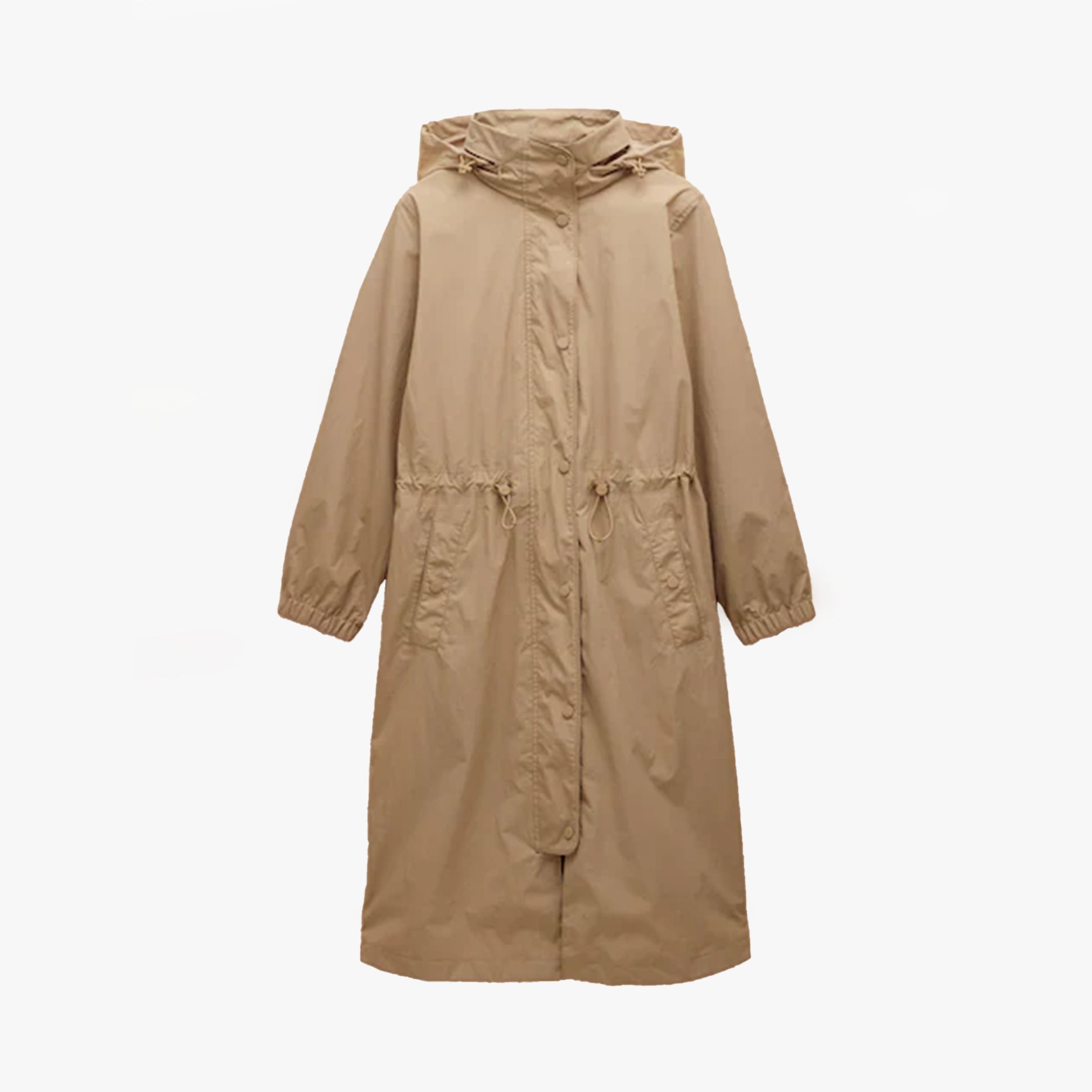 Joules Hensley Womens Waterproof Longline Coat with Packable Hood Tan Brown front view showcasing adjustable waist and hood.