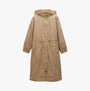 Joules Hensley Womens Waterproof Longline Coat with Packable Hood Tan Brown front view showcasing adjustable waist and hood.