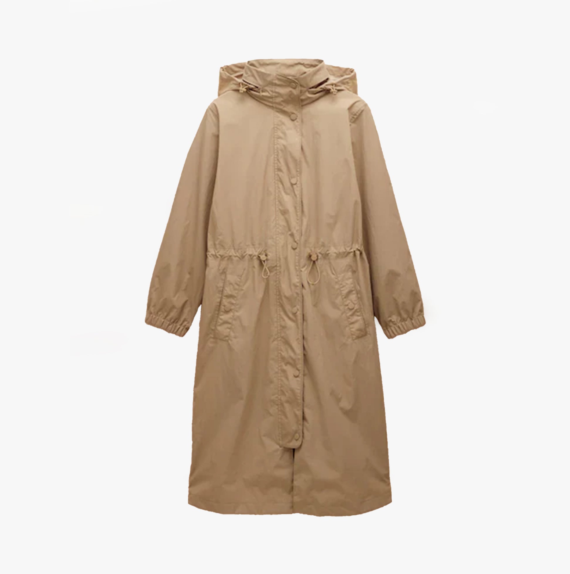 Joules Hensley Womens Waterproof Longline Coat with Packable Hood Tan Brown front view showcasing adjustable waist and hood.