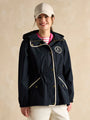 Joules Holt Waterproof Packable Raincoat with Hood Navy front view, featuring a hood, adjustable waist, and zip closure.