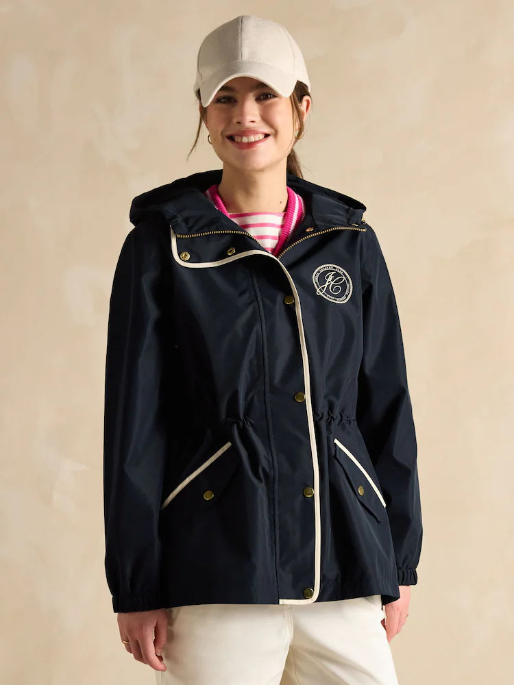 Joules Holt Waterproof Packable Raincoat with Hood Navy front view, featuring a hood, adjustable waist, and zip closure.