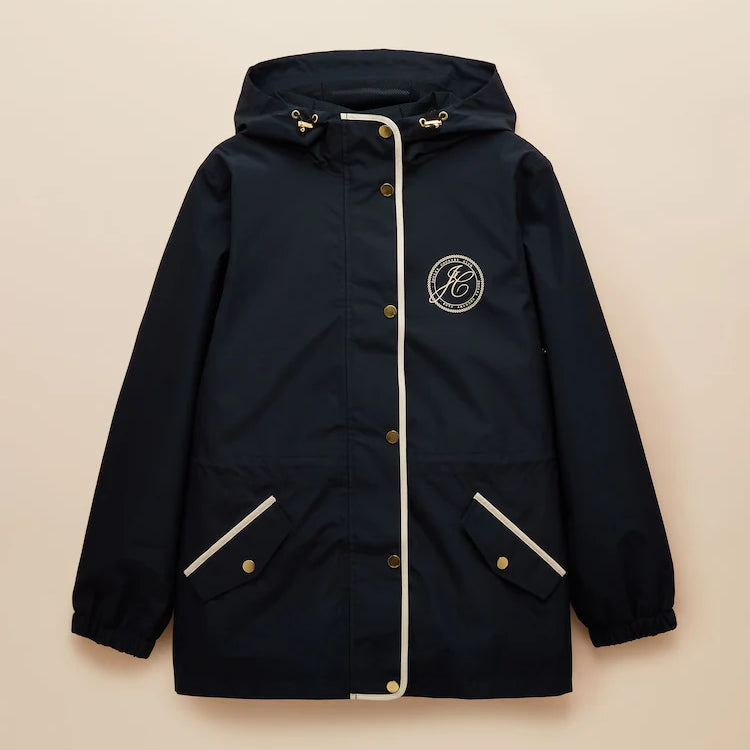 Joules Holt Waterproof Packable Raincoat with Hood Navy front view showcasing hood and pockets.