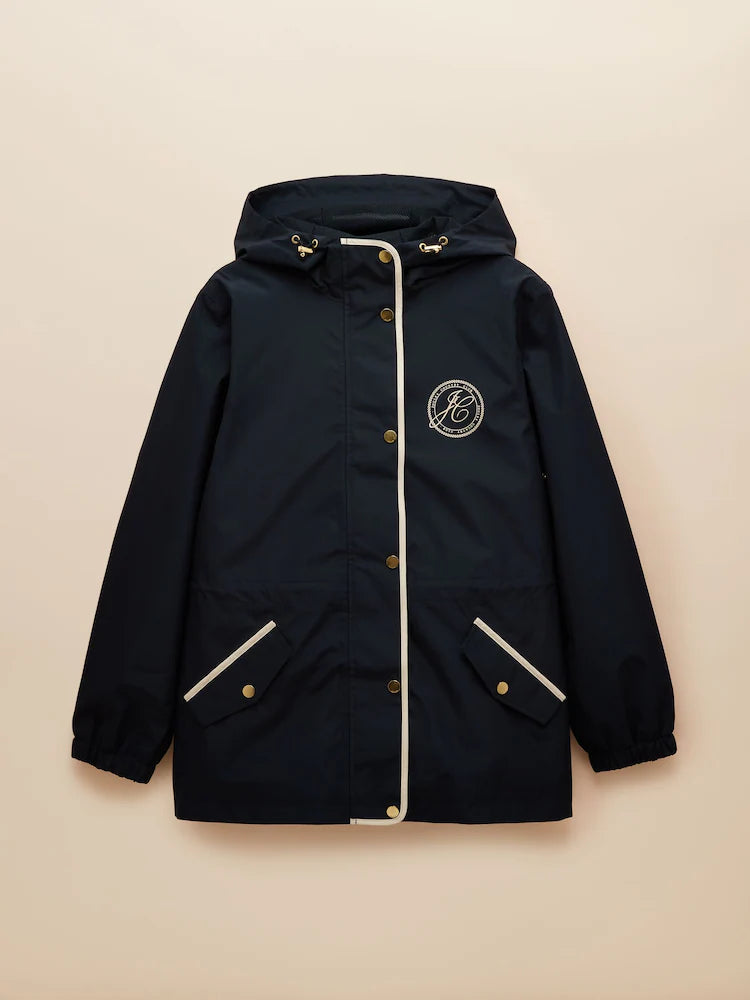 Joules Holt Waterproof Packable Raincoat with Hood Navy front view showcasing hood and pockets.
