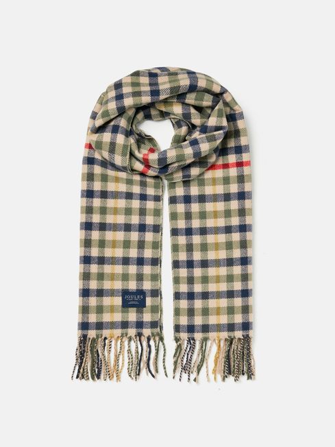 Joules LANGTREE Womens Scarf Henson Check front view, featuring woven heritage check pattern and tasselled ends.