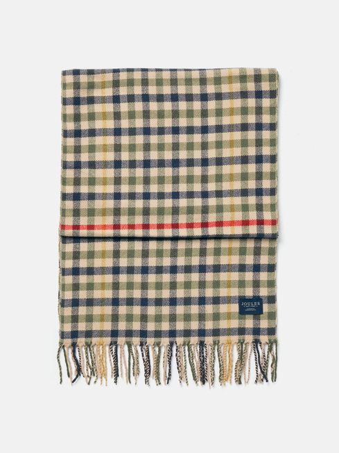 Joules LANGTREE Womens Scarf Henson Check front view showing woven heritage check pattern with tasselled ends.