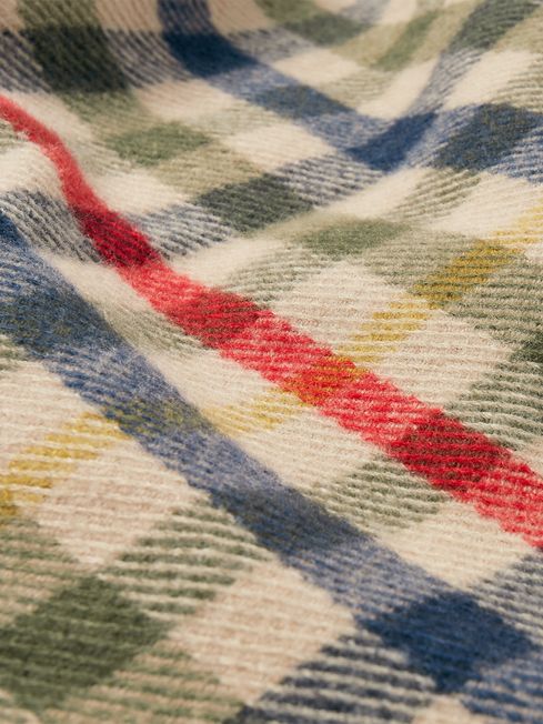 Joules LANGTREE Womens Scarf Henson Check close-up detail view of heritage check pattern with red and blue stripes.