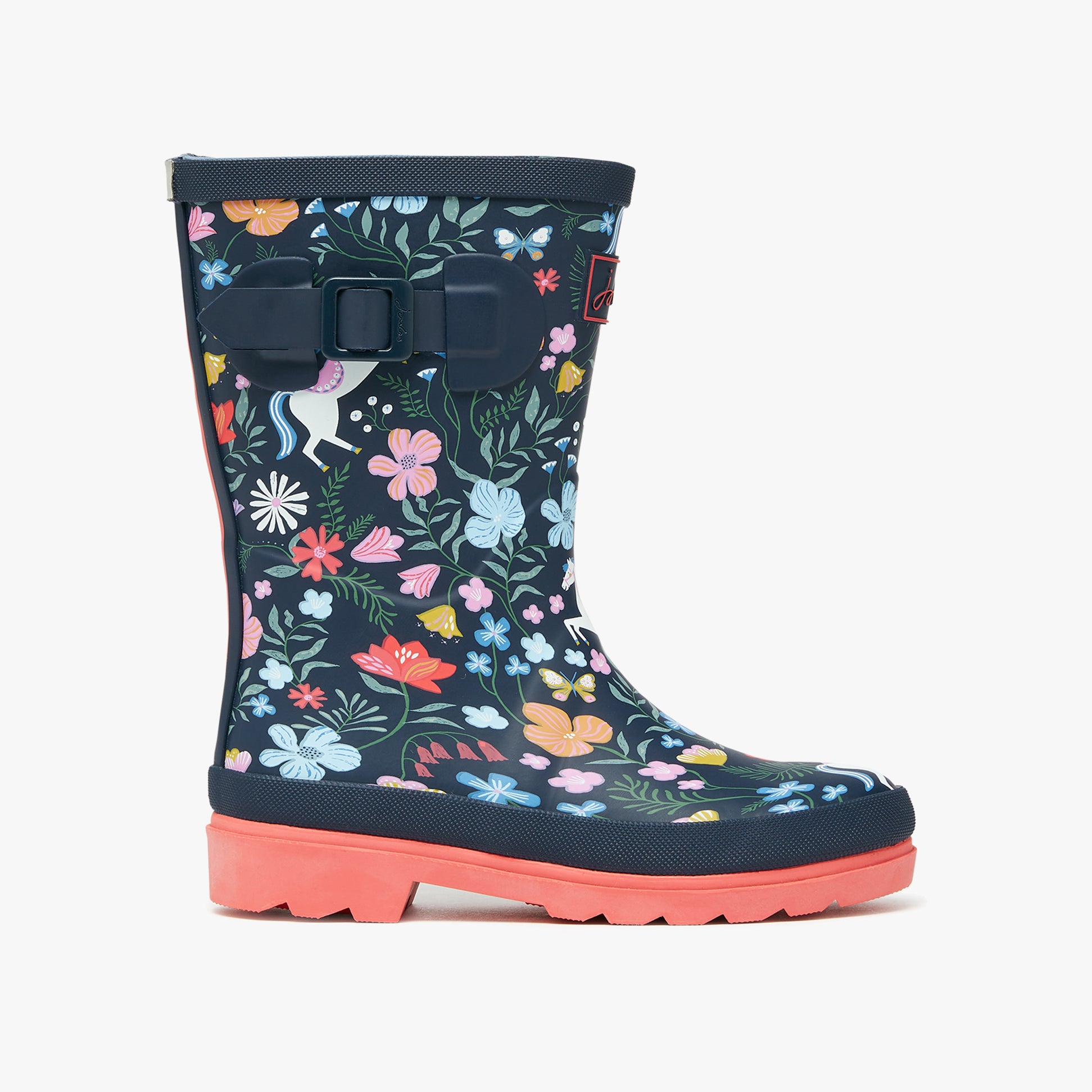 Joules JNR WELLY PRINT Girls Wellies Navy Horse side view with floral design on navy background and pink sole.