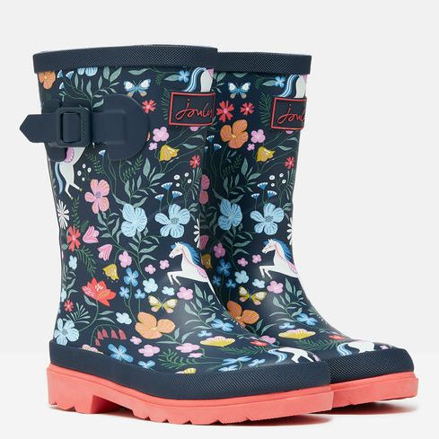 Joules JNR WELLY PRINT Girls Wellies Navy Horse side view showcasing floral design and block heel