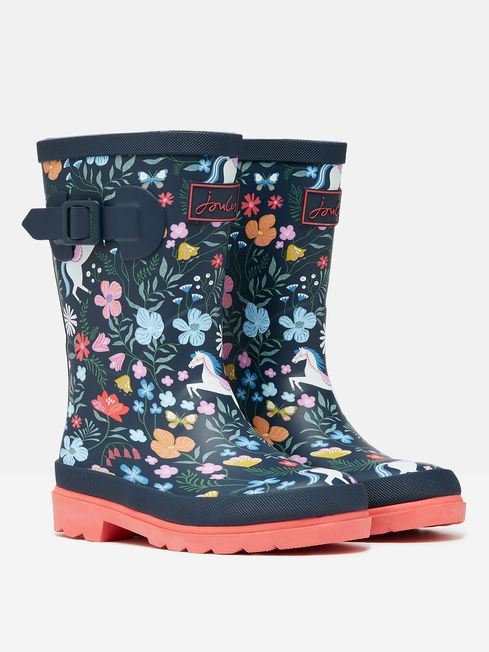 Joules JNR WELLY PRINT Girls Wellies Navy Horse side view showcasing floral design and block heel