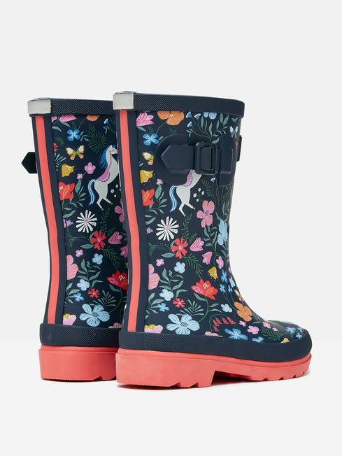 Joules JNR WELLY PRINT Girls Wellies Navy Horse side view showing floral pattern and block heel design