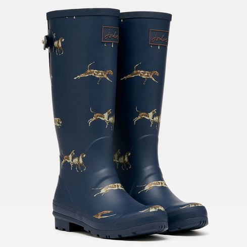 Joules WELLY PRINT Womens Wellies Navy Dog side view of waterproof rubber boots with dog print