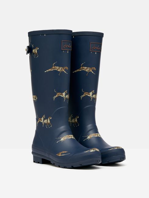 Joules WELLY PRINT Womens Wellies Navy Dog side view of waterproof rubber boots with dog print