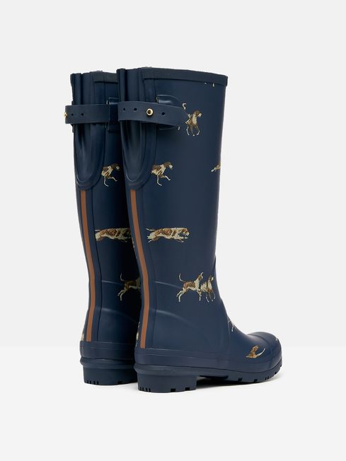 Joules WELLY PRINT Womens Wellies Navy Dog back view showcasing dog print design with pull-on feature.