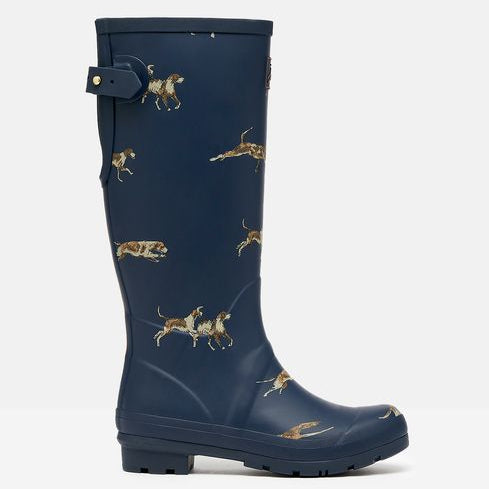 Joules WELLY PRINT Womens Wellies Navy Dog side view showcasing rubber upper and dog print design.