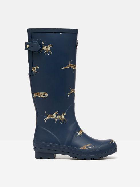 Joules WELLY PRINT Womens Wellies Navy Dog side view showcasing rubber upper and dog print design.