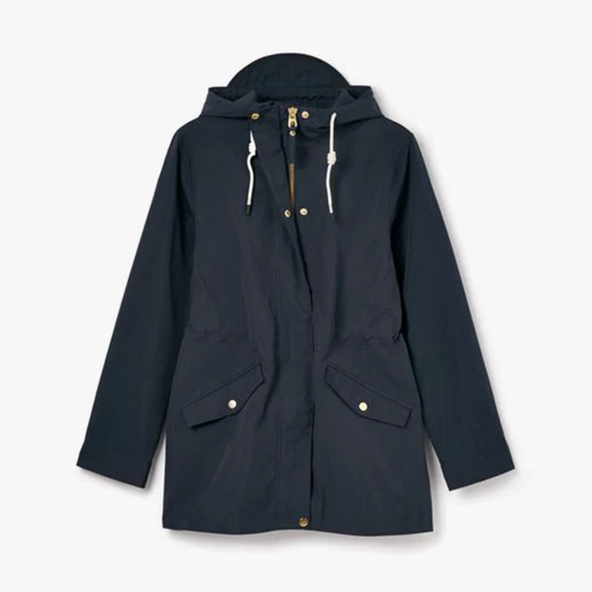 Joules PORTWELL Waterproof Hoodie Raincoat With Adjustable French Navy front view with hood and pockets.