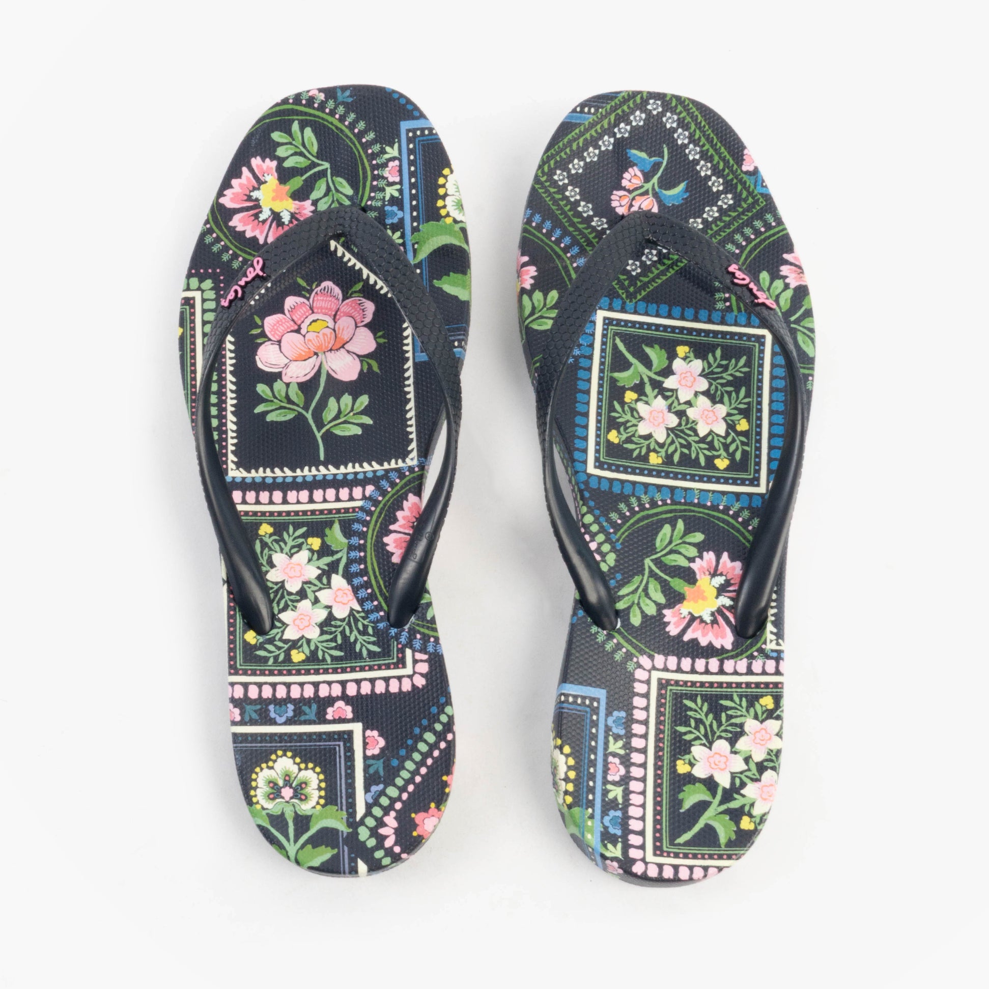 Joules SUNVALE Womens Flip Flops Navy Mosaic Floral top view showcasing floral pattern and navy design.