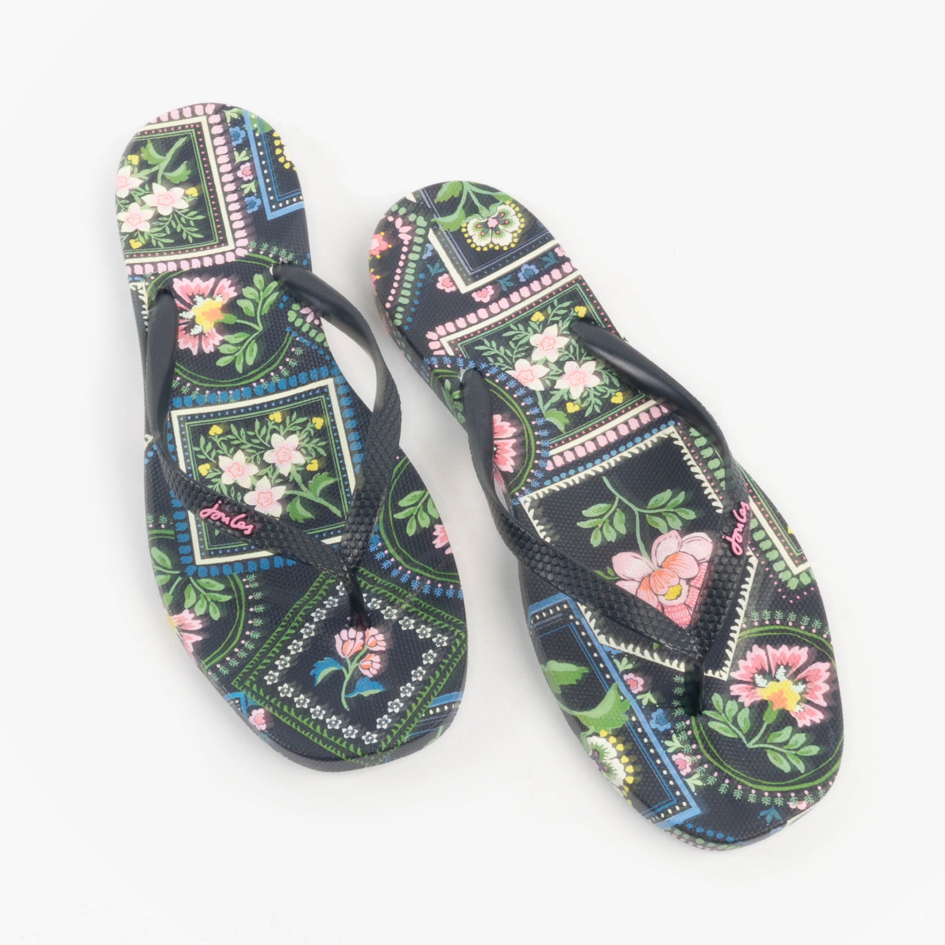 Joules SUNVALE Womens Flip Flops Navy Mosaic Floral top view showcasing vibrant floral design and rubber straps.