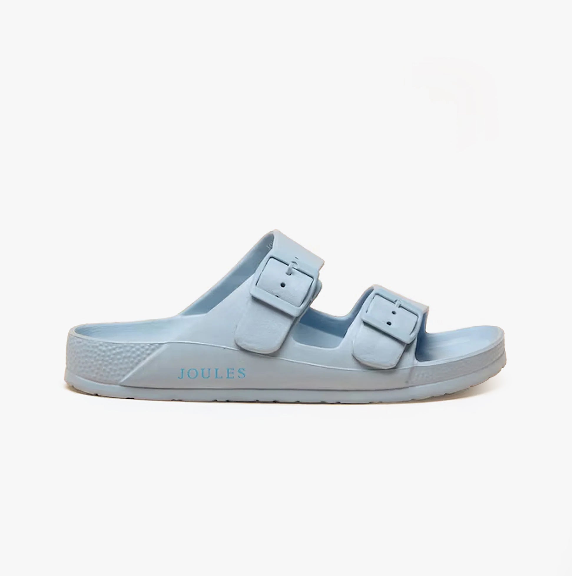Joules SUNSEEKER Womens Sliders Blue side view showcasing a lightweight EVA slip-on design with adjustable straps.