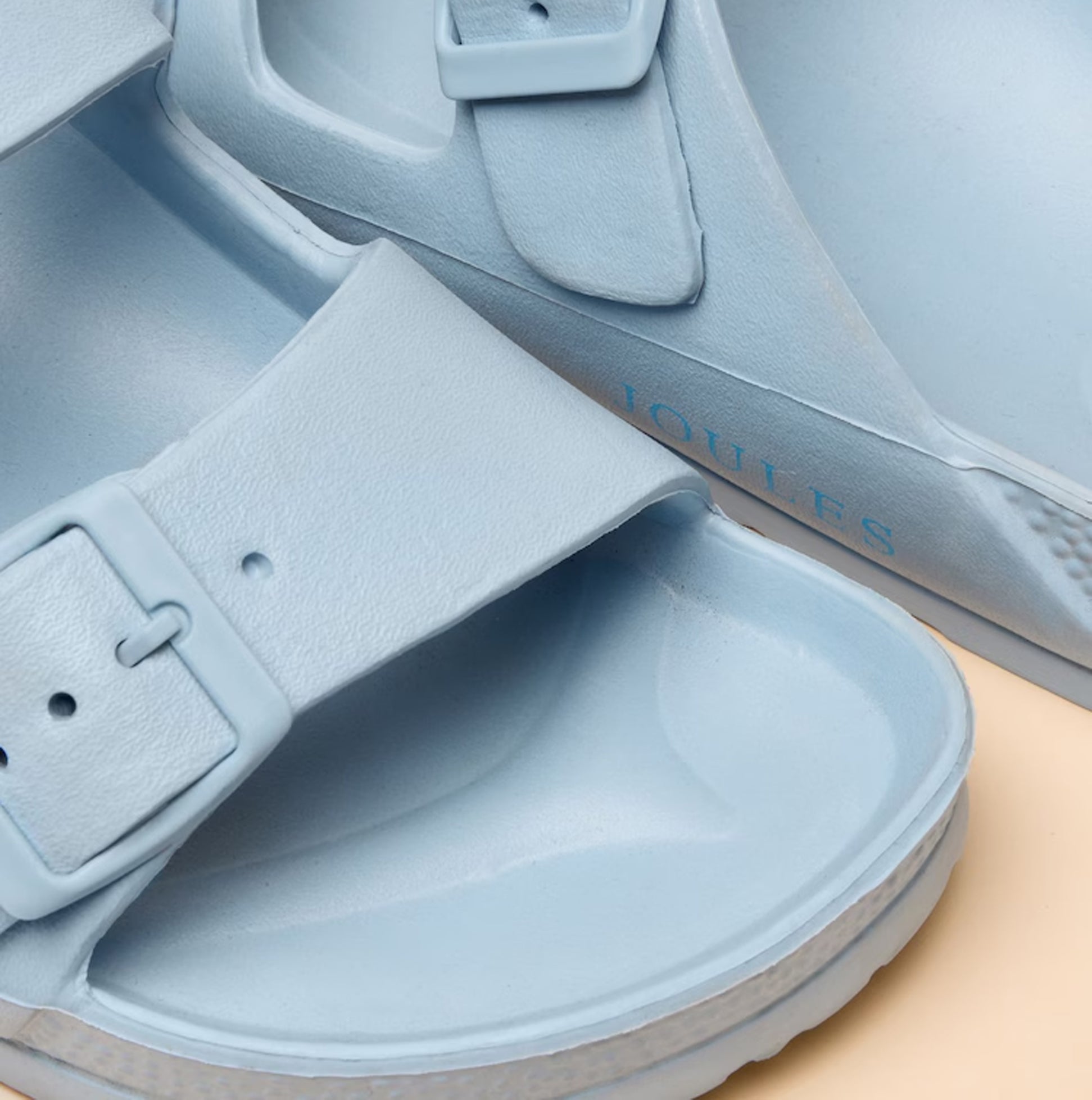 Joules SUNSEEKER Womens Sliders Blue detail view showcasing the light blue EVA material and buckle design.