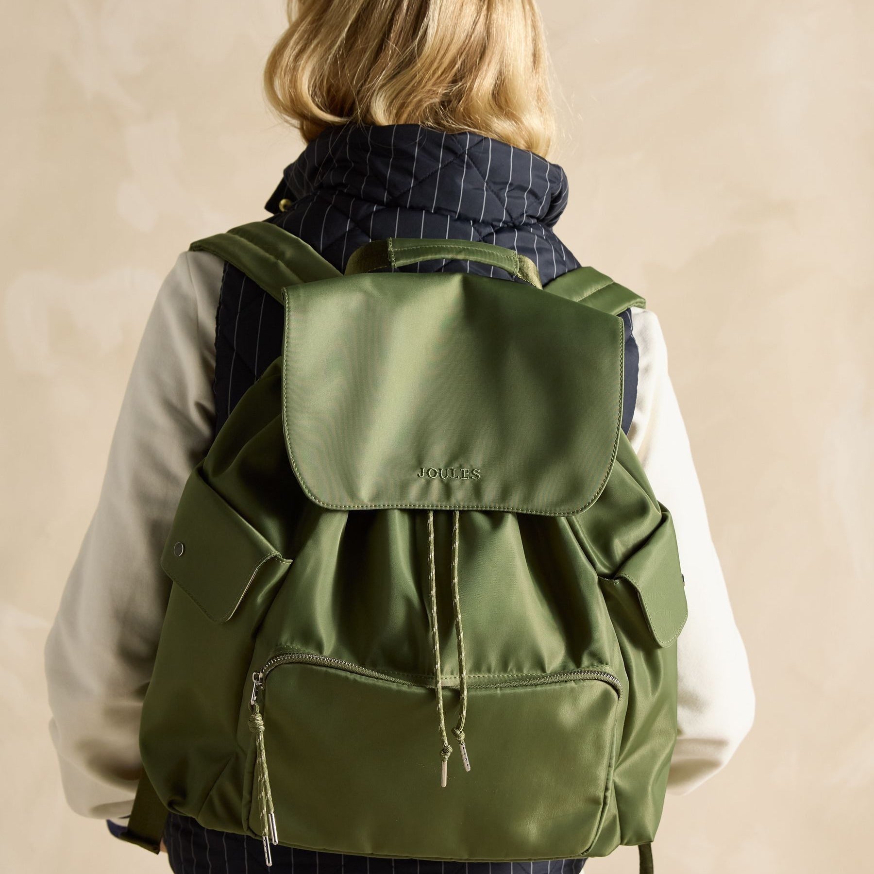 Joules CAMBECK Womens Nylon Rucksack Khaki Green back view showcasing adjustable straps and pockets.
