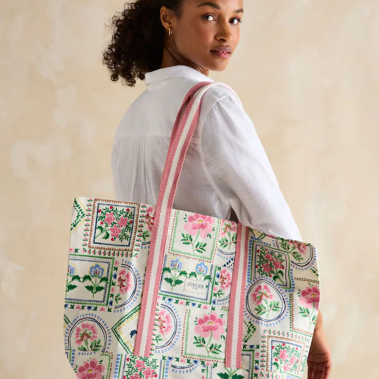 Joules PROMENADE Womens Tote Bag Mosaic Floral side view showcasing floral design and striped shoulder straps.