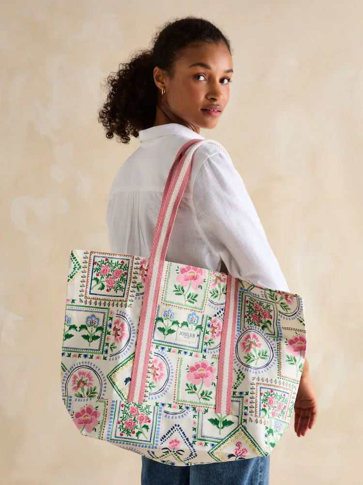 Joules PROMENADE Womens Tote Bag Mosaic Floral side view showcasing floral design and striped shoulder straps.