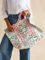 Joules PROMENADE Womens Tote Bag Mosaic Floral, front view, featuring floral design, lightweight cotton, pink striped webbing straps.