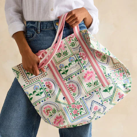 Joules PROMENADE Womens Tote Bag Mosaic Floral, front view, featuring floral design, lightweight cotton, pink striped webbing straps.