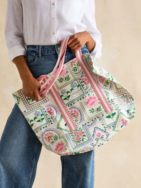 Joules PROMENADE Womens Tote Bag Mosaic Floral, front view, featuring floral design, lightweight cotton, pink striped webbing straps.