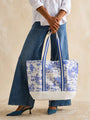 Joules PROMENADE Womens Tote Bag Blue Toile front view with striped webbing straps and detailed floral print