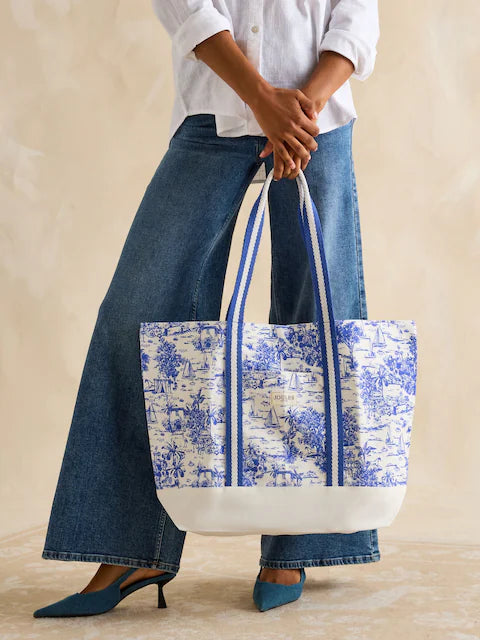 Joules PROMENADE Womens Tote Bag Blue Toile front view with striped webbing straps and detailed floral print