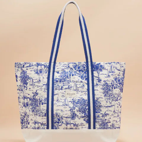 Joules PROMENADE Womens Tote Bag Blue Toile front view with striped webbing canvas shoulder straps