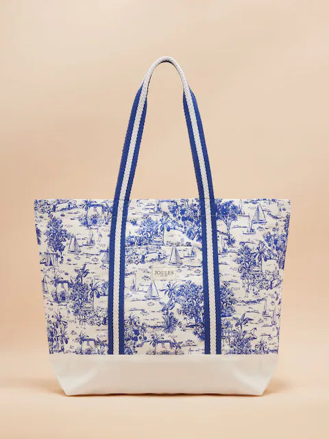 Joules PROMENADE Womens Tote Bag Blue Toile front view with striped webbing canvas shoulder straps