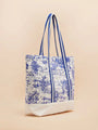 Joules PROMENADE Womens Tote Bag Blue Toile side view featuring blue and white design with striped straps.