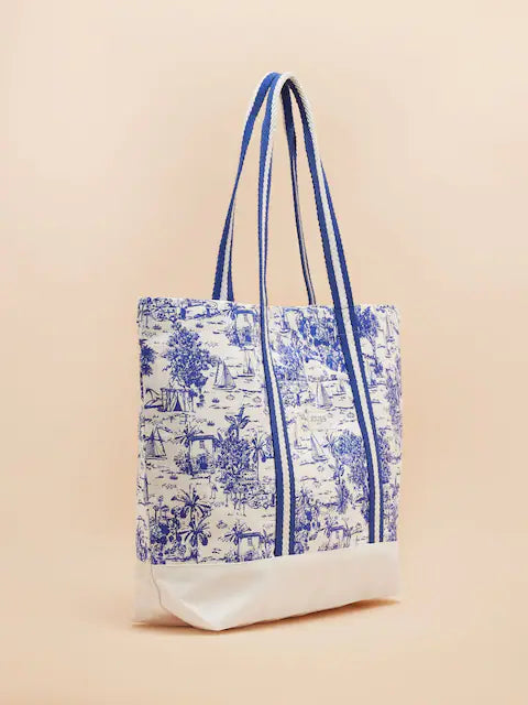 Joules PROMENADE Womens Tote Bag Blue Toile side view featuring blue and white design with striped straps.