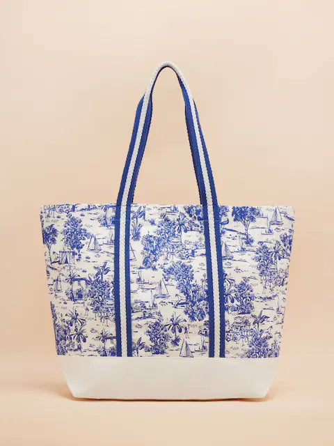 Joules PROMENADE Womens Tote Bag Blue Toile front view with blue striped canvas shoulder straps.
