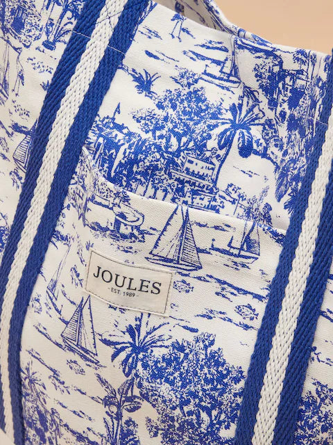 Joules PROMENADE Womens Tote Bag Blue Toile detail view showcasing design and branding.