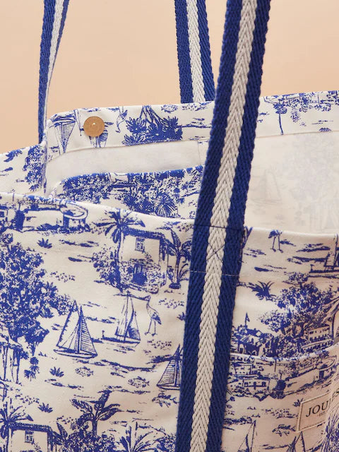 Joules PROMENADE Womens Tote Bag Blue Toile detail view showcasing fabric and striped shoulder straps.