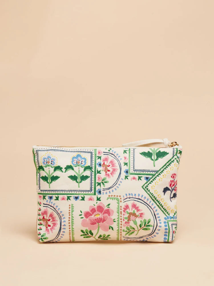 Joules CARRYWELL Womens Pouch Mosaic Floral front view showcasing floral design and zip closure.