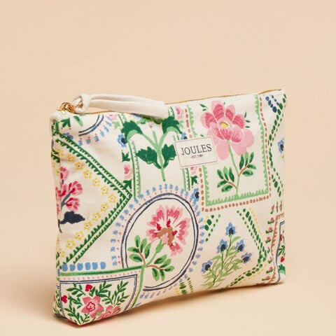Joules CARRYWELL Womens Pouch Mosaic Floral side view showcasing vibrant floral design and zip closure.