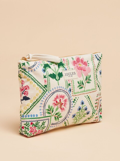 Joules CARRYWELL Womens Pouch Mosaic Floral side view showcasing vibrant floral design and zip closure.