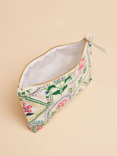 Joules CARRYWELL Womens Pouch Mosaic Floral top view with zip, colorful floral design and water-resistant lining.