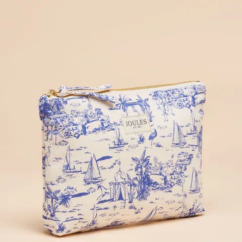 Joules CARRYWELL Womens Pouch Blue Toile front view featuring zip closure and lightweight design.