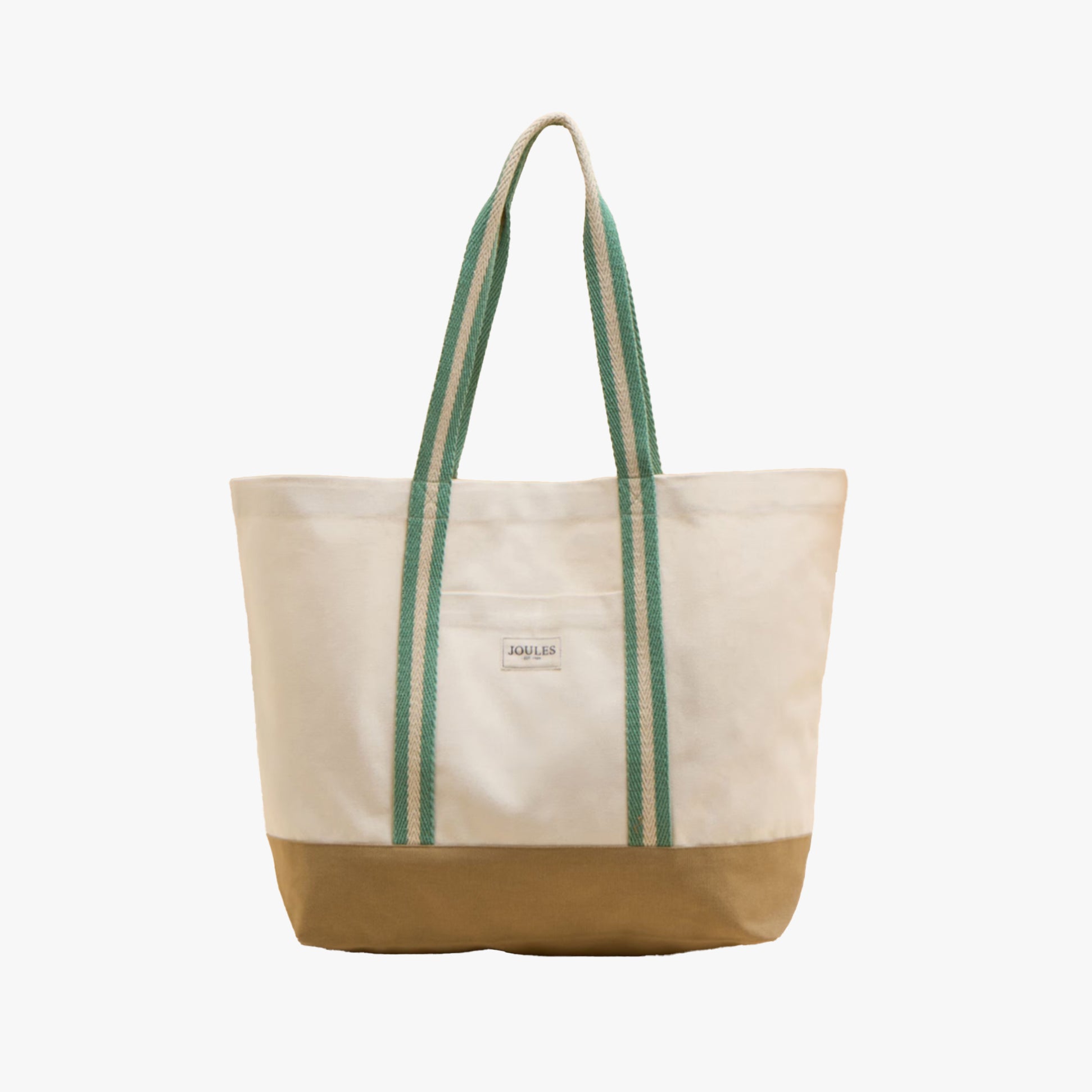 Joules PROMENADE Womens Tote Bag Neutral front view with striped webbing straps and tan bottom