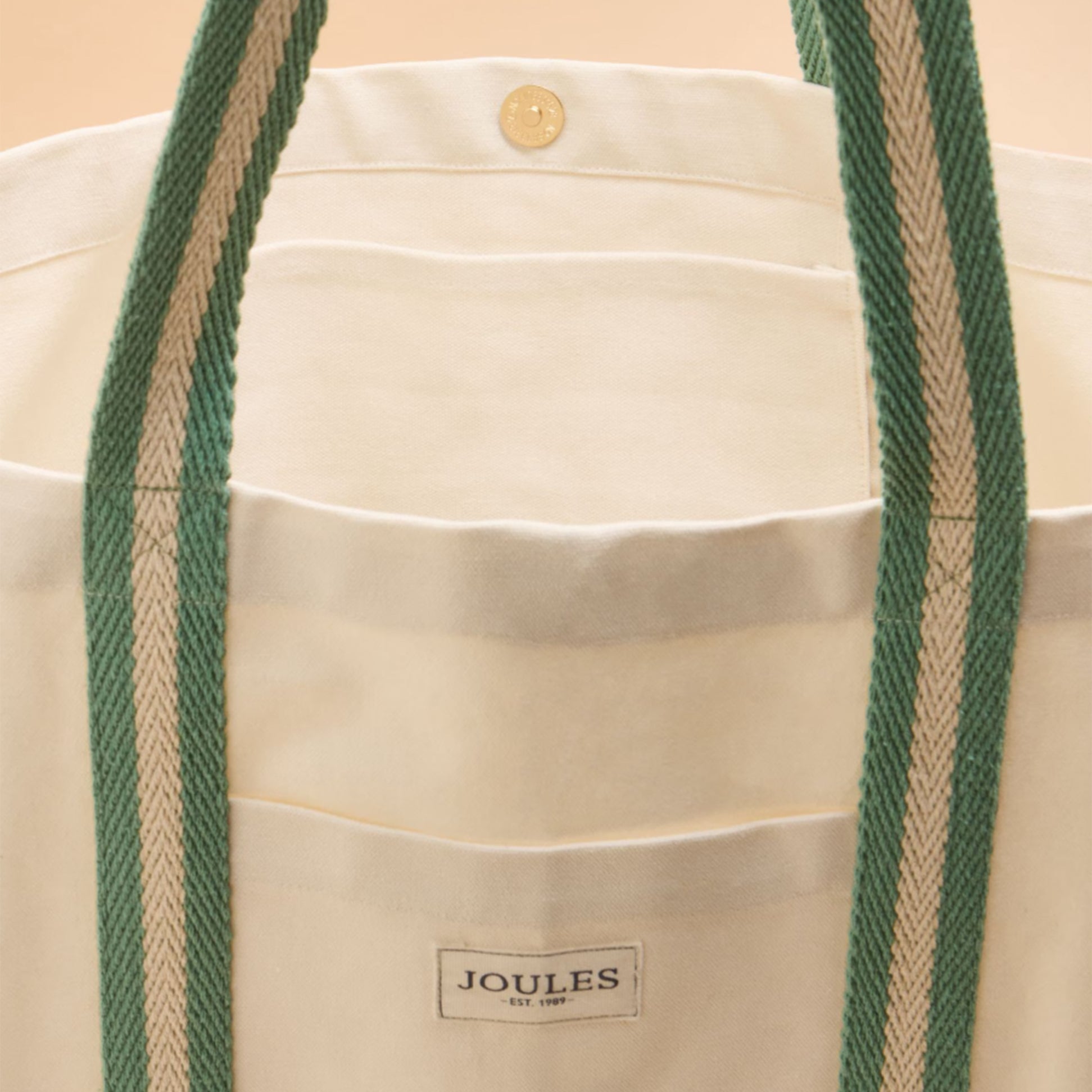 Joules PROMENADE Womens Tote Bag Neutral detail view showcasing interior pocket and striped webbing shoulder straps.