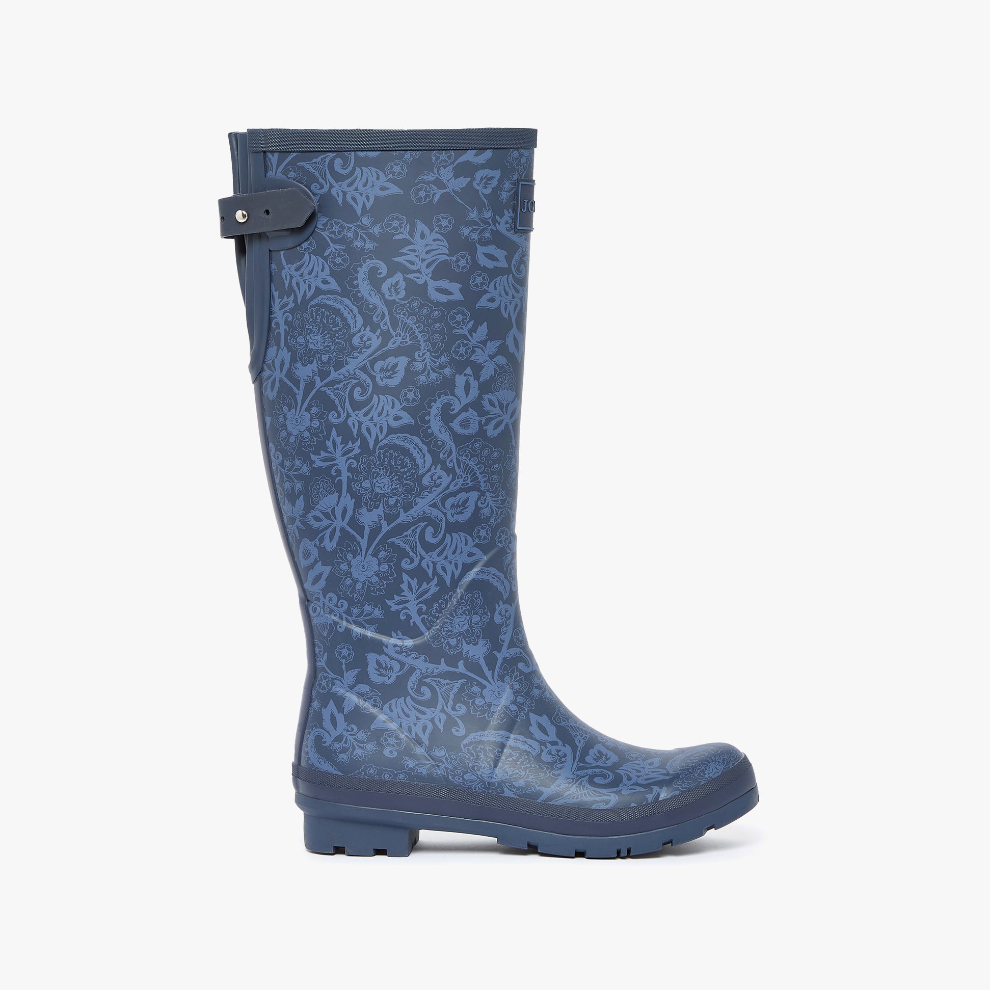 Joules WELLYPRINT Womens Wellies Navy Floral side view showcasing the floral design and mid-calf height.