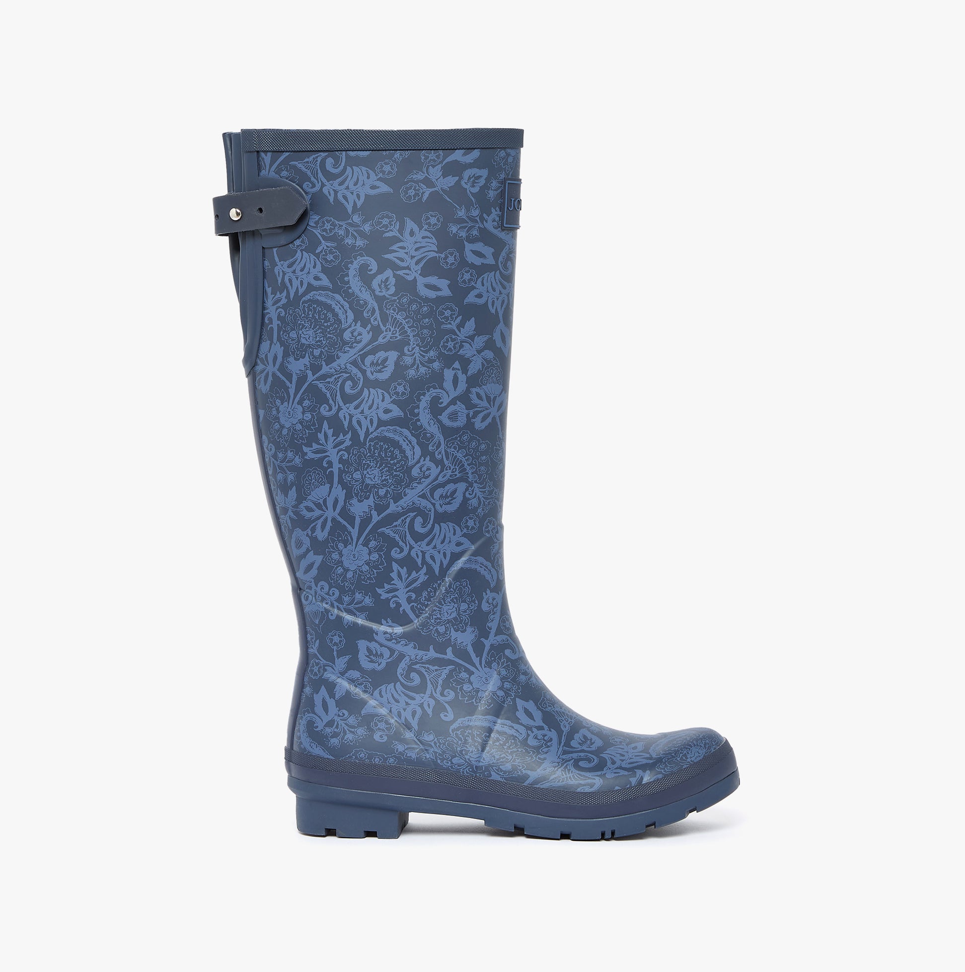 Joules WELLYPRINT Womens Wellies Navy Floral side view showcasing the floral design and mid-calf height.